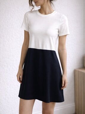Theory Short Sleeve‎ Mixed Media Mini Dress Small Petite White Navy